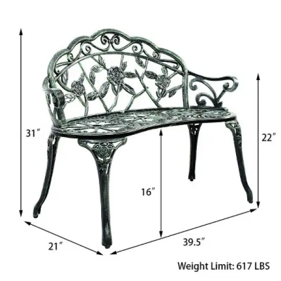 Costway Patio Garden Bench Chair Style Porch Cast Aluminum Outdoor Rose Antique Green image {1}