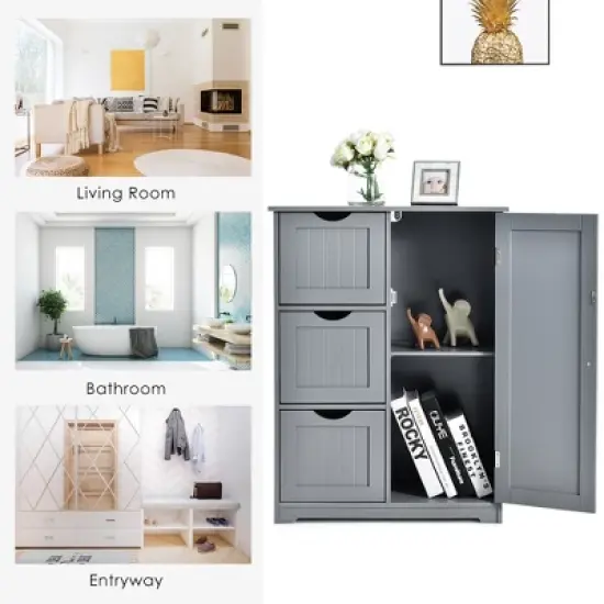Costway Bathroom Floor Cabinet Side Storage Cabinet with 3 Drawers and 1 Cupboard Grey\ Black image {7}