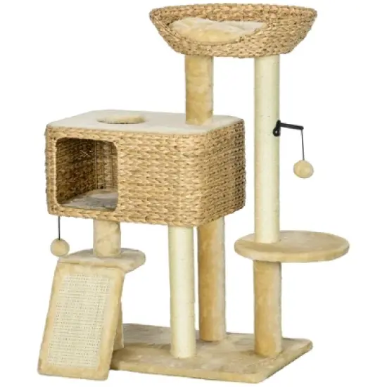 PawHut Scratching Posts, 45" Cat Tree for Indoor Cats with a Ramp, Condo, Toy Balls, Platforms, Bed Cat Tower, Beige image {3}