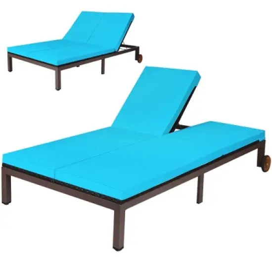 Costway 2-Person Patio Rattan Lounge Chair Chaise Recliner Adjustable Cushion Turquoise image {1}