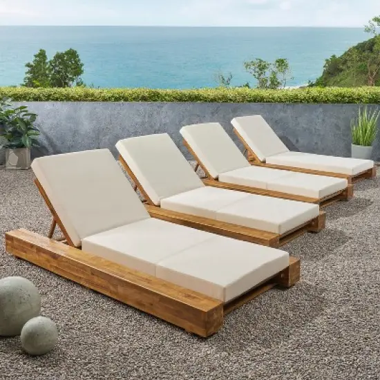 Christopher Knight Home Daphne Patio Adjustable Acacia Wood Chaise Lounge with Cushion (Set of 4) image {8}
