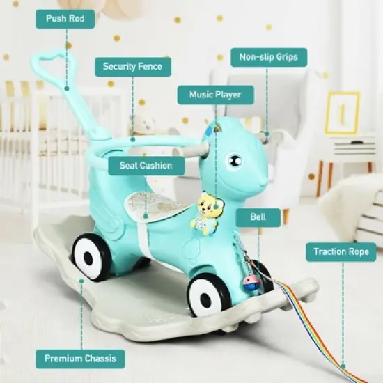 Costway Baby Rocking Horse 4 in 1 Kids Ride On Toy Push Car w/ Music Indoor Outdoor Gift image {7}