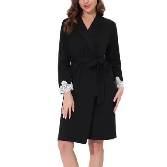 cheibear Womens Robe Knit Lace Trim Lounge Sleepwear Long Sleeve Bathrobe image {6}