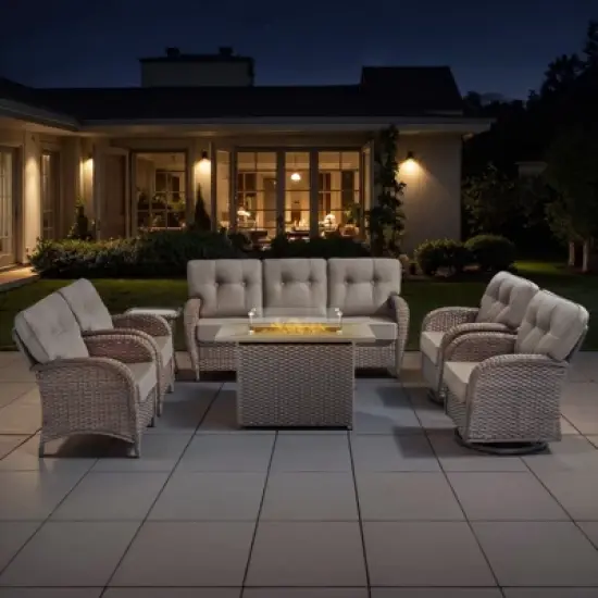 Belord Brown Wicker 7 Piece Patio Furniture Set with 5" Thick Cushions, 41" Propane Fire Pit Table Set with Swivel Glider Chairs and Club Chairs image {18}