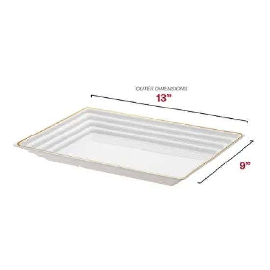 Smarty Had A Party 9" x 13" White with Gold Rim Rectangular Plastic Serving Trays - 15 pcs image {1}