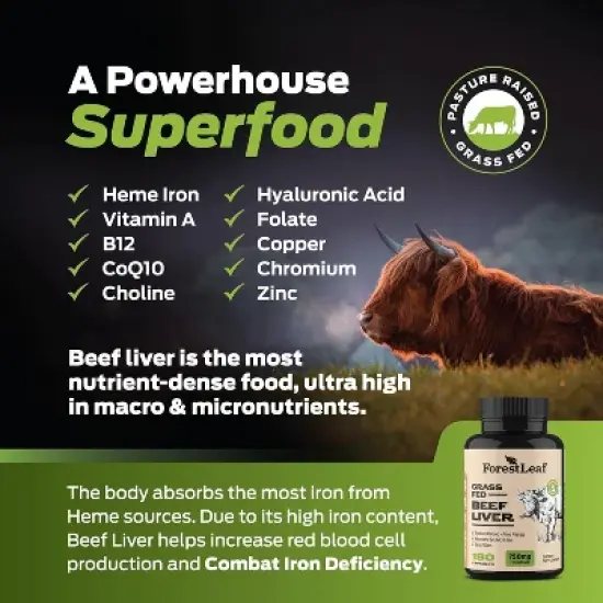 Forest Leaf Grass Fed Beef Liver Capsules, 3000mg Per Serving, Supports Full Immunity & Body Wellness, Freeze Dried Beef Liver Supplement - 180 Caps image {3}