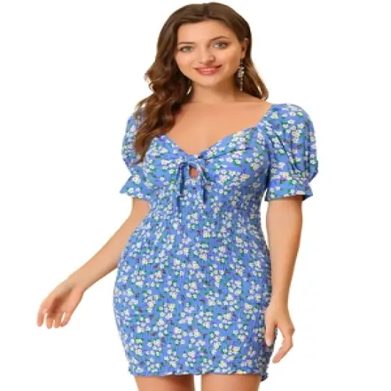 Allegra K Women's Puff Short Sleeve Sweetheart Neck Floral Smocked Bodycon Mini Dress image {8}