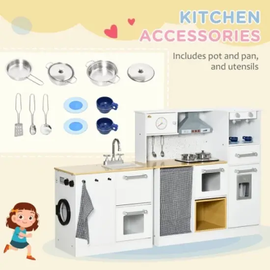 Qaba 2Pcs Kids Play Kitchen Set with Lights Sounds, Kids Kitchen Playset with Stool, Oven, Coffee Maker, Ice Maker, Washing Machine, White image {4}