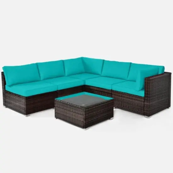 Tangkula 6PCS Wicker Patio Sectional Conversation Furniture Set with Coffee Table & Seat Cushions Navy/Black/Turquoise/Red image {11}