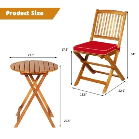 Tangkula 3PCS Folding Acacia Wood Bistro Set Patio Conversation Set w/ Red Cushions image {8}