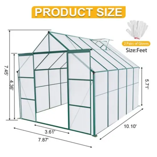 73.75"8X6FT-Green Double Door Polycarbonate Greenhouse Raised Base and Anchor Aluminum Heavy Duty Walk-in Greenhouses image {4}