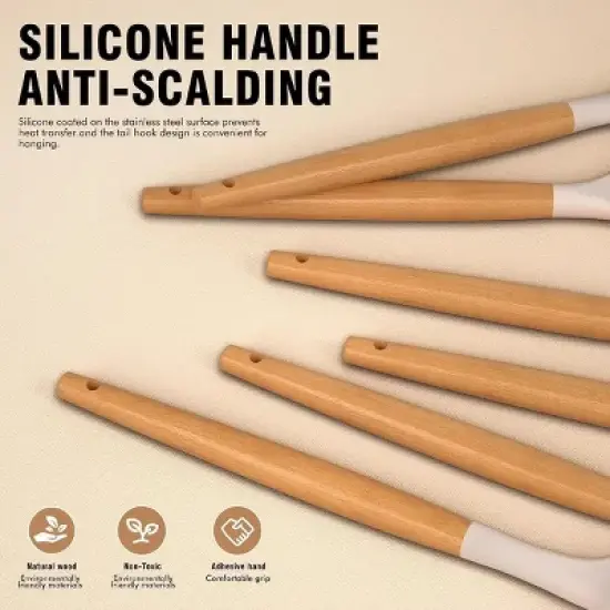 Racxily Silicone Cooking Utensils Set - Silicone Kitchen Utensils for Cooking Wooden Handles, F Heat Resistant Kitchen Utensil Spatula Sets w Holder image {1}