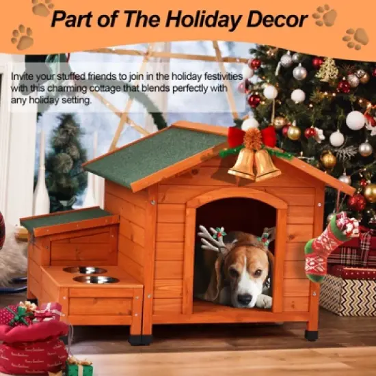 phiestina Wooden Feral Dog House, 32"x34.5"x29.5", with Food Bowl & Storage Bucket for Indoor/Outdoor Use image {3}