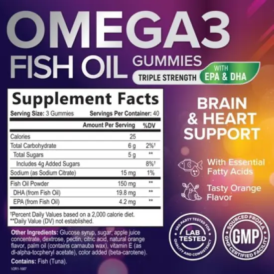 Omega-3 Gummies, Fish Oil Gummies for Adults & Kids, Vitamins, EPA & DHA Fish Oil Fatty Acids Gummy Supplement - 120 Gummies By Nature's Nutrition image {1}