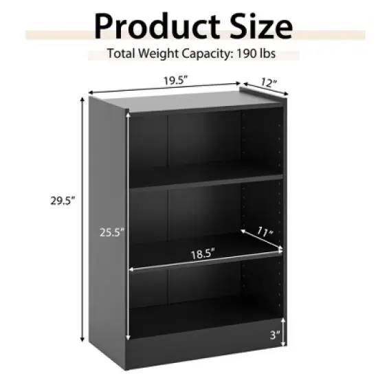 Costway 3-Tier Bookcase Open Multipurpose Display Rack Cabinet with Adjustable Shelves Black/Brown image {2}