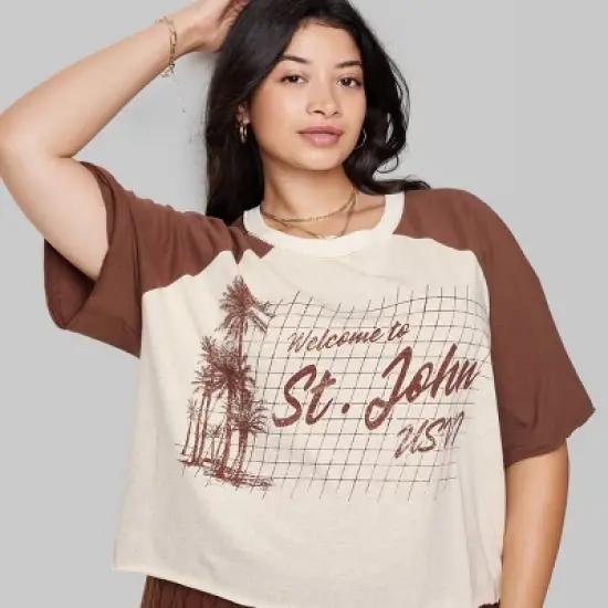 Women's Ascot + Hart Cropped St. John Elbow Sleeve Graphic T-Shirt - Brown image {7}