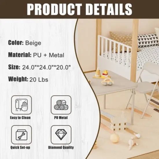 Garvee 3-Piece Boys and Girls Folding Set, Table and Chairs w/PU Cushion, No Assembly, For Eating/Reading/Playing, Beige image {3}