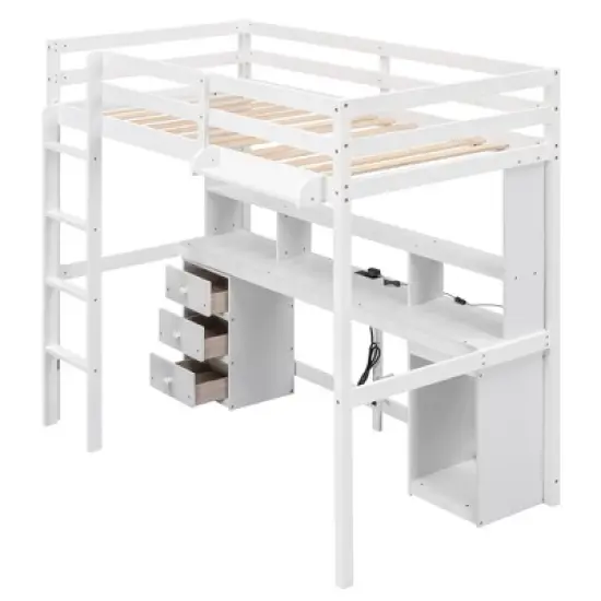 Loft Bed with Multi-Function Storage Table, LED Lights, Bedside Tray and Charging Station, White - ModernLuxe image {7}