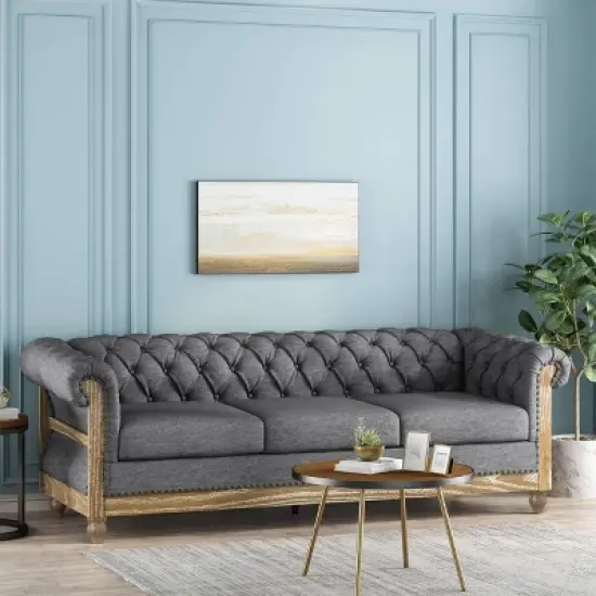 Saragus Chesterfield Tufted 3 Seater Sofa with Nailhead Trim Charcoal/Dark Brown - Christopher Knight Home image {1}