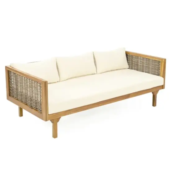 DSVIMOY Daybed, 3 Seater Daybed Conversation Set with Rattan Arms, Beige, 67.5"*32"*24.25" image {4}
