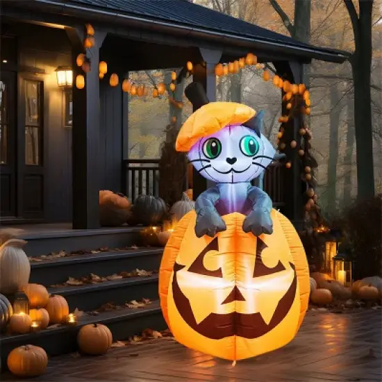 Joyfy 5 FT Tall Halloween Inflatable Outdoor Decorations, Animated Kitty Cat On Pumpkin Inflatable for Halloween Party Indoor Outdoor Yard Lawn Decor image {9}