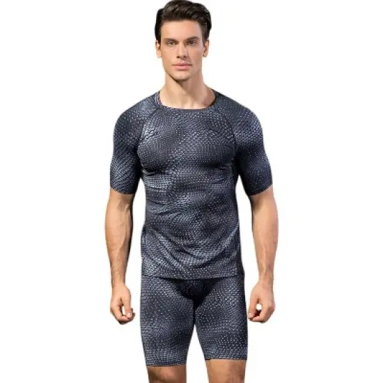 Anna-Kaci Active Men's Honeycomb Textured Compression Shirt with Short Sleeves and Stretch Fit image {1}