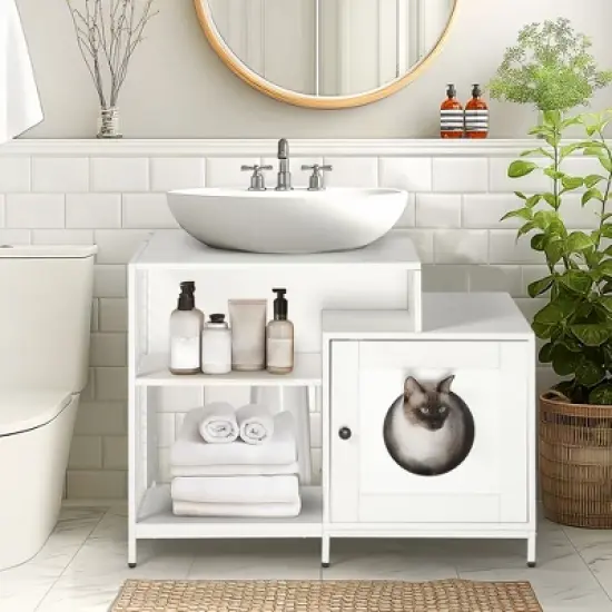 Cat Litter Box Enclosure, 2 in 1 Sink Vanity Cabinet with Hidden Litter Box, Hidden Litter Pet Washroom with Divider, Indoor Cat House for Litter Box image {8}