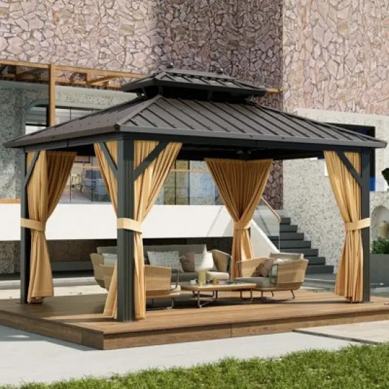 Whizmax Hardtop Gazebo, Double Roof Aluminum Frame with Netting & Curtains, Wood Grain Galvanized Steel for Patio, Garden, Lawn & Outdoor Parties image {7}