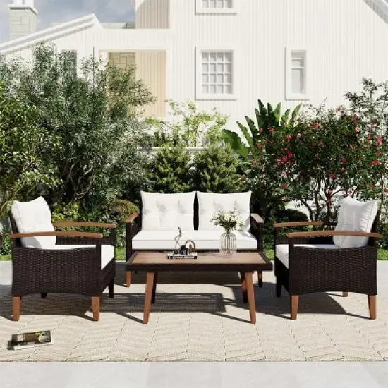 ELJGET 4PCS Patio Furniture Set Rattan Wicker Conversation Set with Wooden Coffee Table & Beige Cushions image {1}
