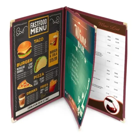 WeChef 60 Pack Restaurant Menu Covers 8.5 x 14" Book Style 3 Pages 6 View Burgundy Red image {5}