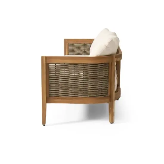 Burchett Outdoor Acacia Wood/Wicker Round 3 Seater Sofa with Cushions - Christopher Knight Home: Weather-Resistant Patio Furniture image {3}