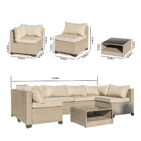 Gulches light khaki 7-Piece Patio Furniture Set  All-Weather Boho Outdoor Conversation Set Sectional Sofa with Water Resistant Thick Cushions image {3}
