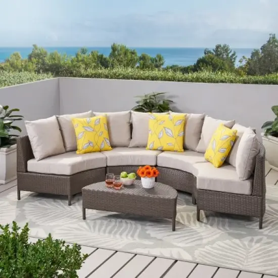 Christopher Knight Home Harper Outdoor Wicker 4 Seater Semi-Circle Sectional Sofa Set with Water-Resistant Cushions image {10}