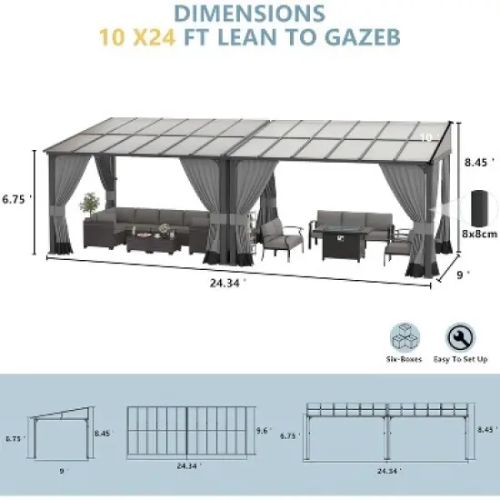 ALAULM 10&rsquo; x 24&rsquo; Wall Mount Gazebo Outdoor Pergola, Lean to Gazebo Canopy Awnings with Sloped Roof and Steel Frame image {4}