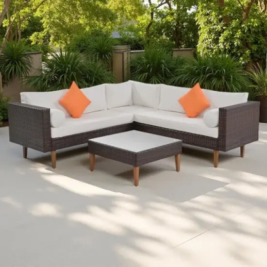 4-Pieces Outdoor Wicker L-Shaped Sectional Sofa Set with Coffee Table and Colorful Pillows image {11}