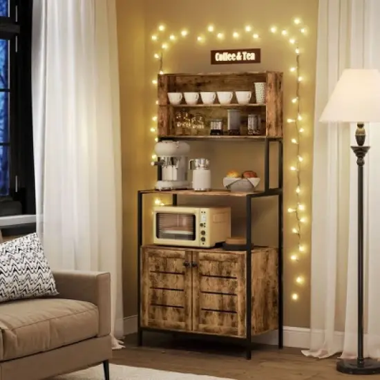 PDTEND Wood Grain Kitchen Baker&rsquo;s Rack with Power Outlet, Storage Shelves, Microwave Stand & Louvred Cabinets image {6}