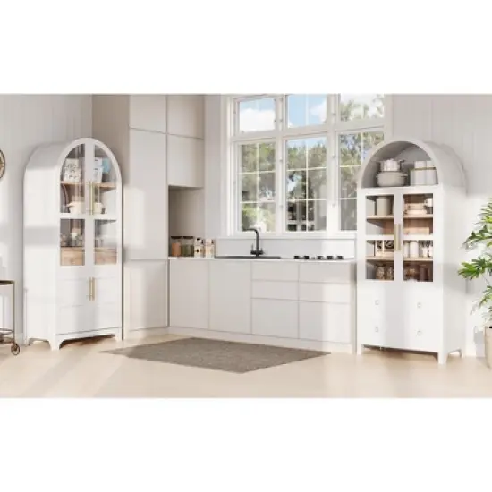 ORRD 71" Arched Farmhouse Pantry Cabinet - Adjustable Shelves, Hidden Drawer & Glass Door, White Kitchen Storage Cupboard image {5}