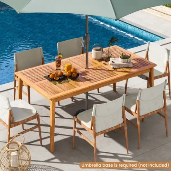 Tangkula Outdoor Acacia Wood Dining Table for 6 People 67&rdquo; x 35&rdquo; Rectangular Patio Bistro Table with Built-in Umbrella Hole Picnic Table for Porch image {3}