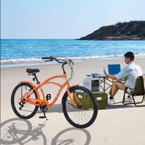 NAYSAYE Bicycle 26 Inch Beach Cruiser Bike 7 Speed Steel Frame for Relaxed Outdoor Riding, Orange, 69.96"*28.32"*43.2" image {1}