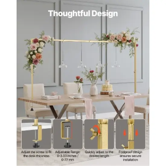 VEVOR Over The Table Rod Stand with Clamps, 13"-42" Tall & 28"-98" Length Adjustable, 2 Packs Table Arch Stand, Tabletop Balloon Arch Frame, Gold image {4}