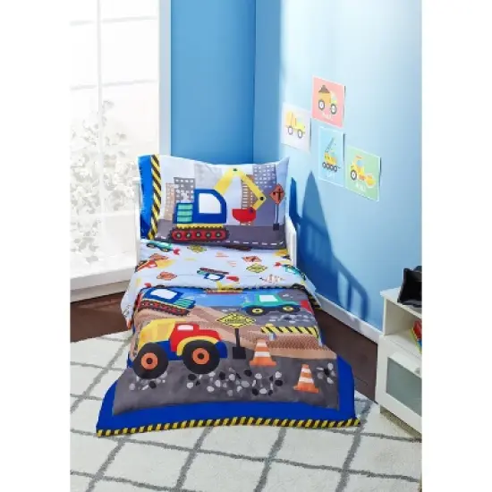 Everyday Kids 4 Piece Toddler Bedding Set - Under Construction - Includes Comforter, Flat Sheet, Fitted Sheet and Reversible Pillowcase image {1}