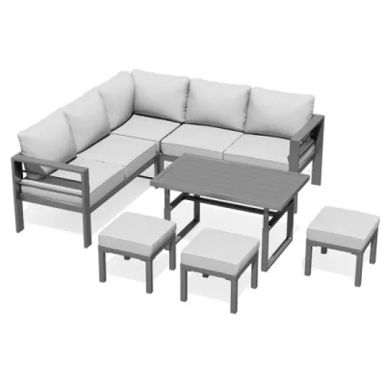 XINGHANZHENXUAN Grey 7-Piece Aluminum Patio Dining Set with Table, Rust-Free, Comfortable Cushions and Backrests image {13}
