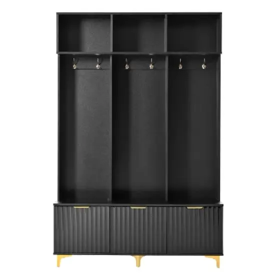 TIRAMISUBEST Modern Hall Tree with Storage Bench & 6 Gold Hooks - Entryway Organizer, High Gloss Fluted Doors, Black image {8}