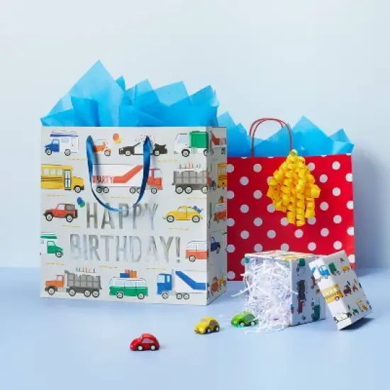 "Happy Birthday" Vehicles Large Gift Bag - Spritz&trade;: Multicolor Boys Birthday Party Gift Bag, 15"x15"x8" image {1}