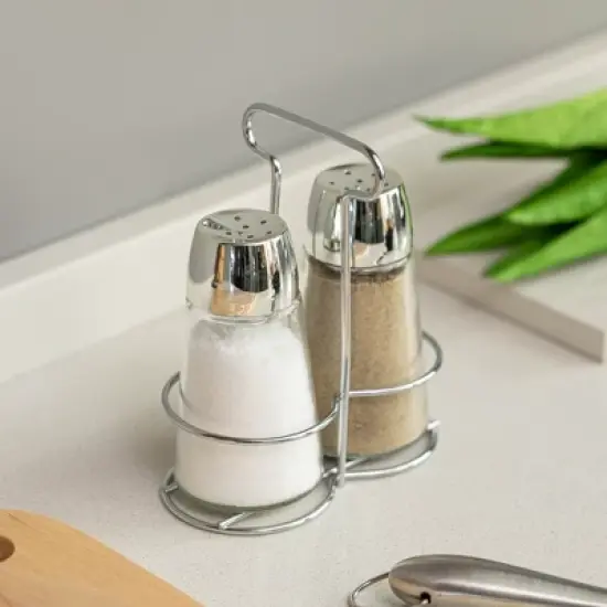 Basicwise Glass Salt & Pepper Shaker Set with Stainless Steel Holder - Perfect for Kitchen Counters, Kitchen & Dining Tables, and Restaurants image {3}