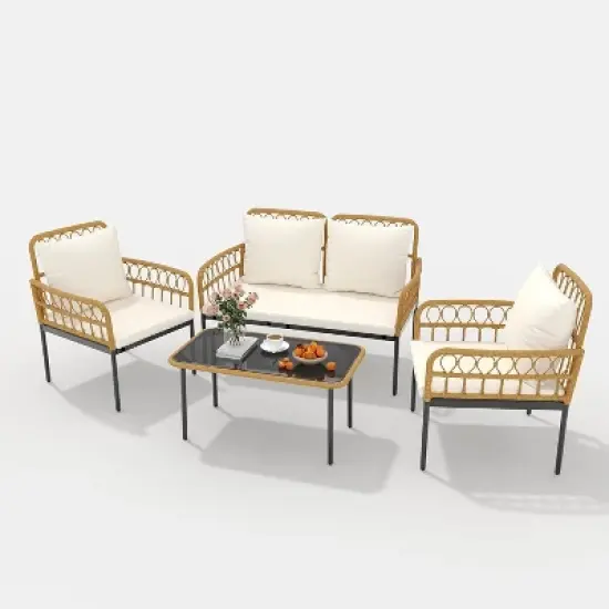 4-Piece Outdoor Patio Furniture Set, All-Weather PE Rattan Wicker Loveseat & Chairs with Glass Coffee Table & Steel Frame, Boho Conversation Set image {7}