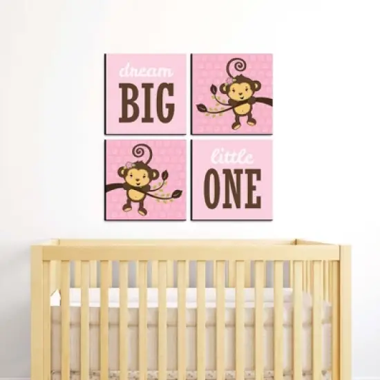 Big Dot of Happiness Pink Monkey Girl - Kids Room, Nursery Decor and Home Decor - 11 x 11 inches Nursery Wall Art - Set of 4 Prints for baby's room image {1}