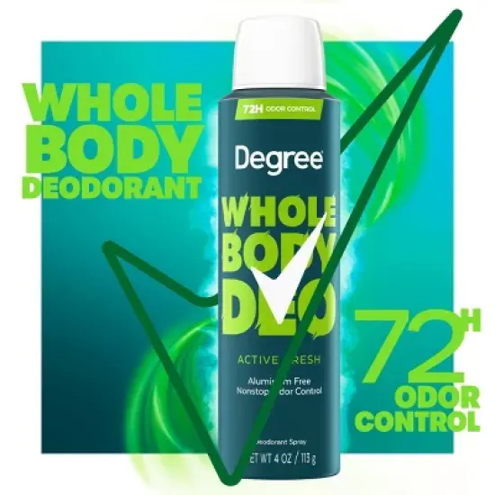 Degree 72H Odor Protection Whole Body Deodorant Spray for Men Active Fresh - Aluminum Free 4oz image {2}