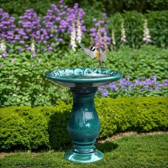 LuxenHome 22" Elegant Tall Ceramic Bird Bath for Outside with Floral Pattern, Dark Green image {2}