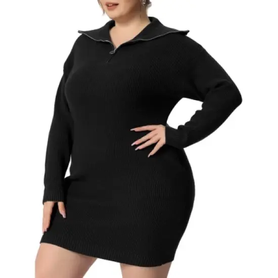 Agnes Orinda Women's Plus Size Knit Long Sleeve Zipper Collar Pullover Mini Sweater Dresses image {1}